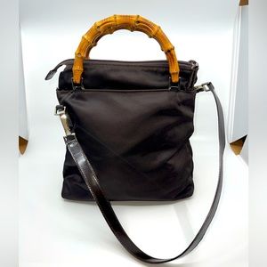 GUCCI Nylon & Bamboo Handle Shoulder Bag